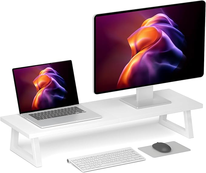 TEAMIX White Dual Monitor Riser - 31.5 inch Wide TV Stand for 2 Monitors - Wood & Steel Desktop Riser for Dual Screen Office Desk Organization