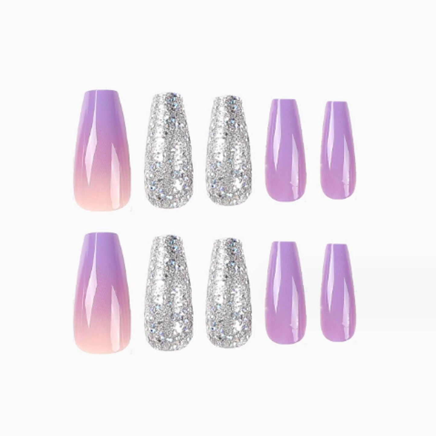DANMANR Medium Press on Nails Sequins False Nails Art Full Cover Acrylic Coffin Purple Fake Nails for Women and Girls 24PCS