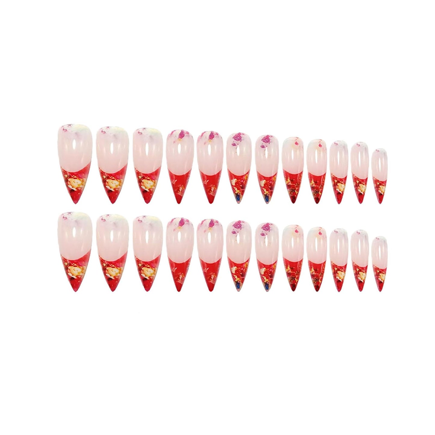 RUOKEXIN Long Stiletto Press on Nails French Tip Fake Nails Gold Glitter False Nails with Designs Almond Nail Press ons Sparkly Artificial Nails for Women 24Pcs