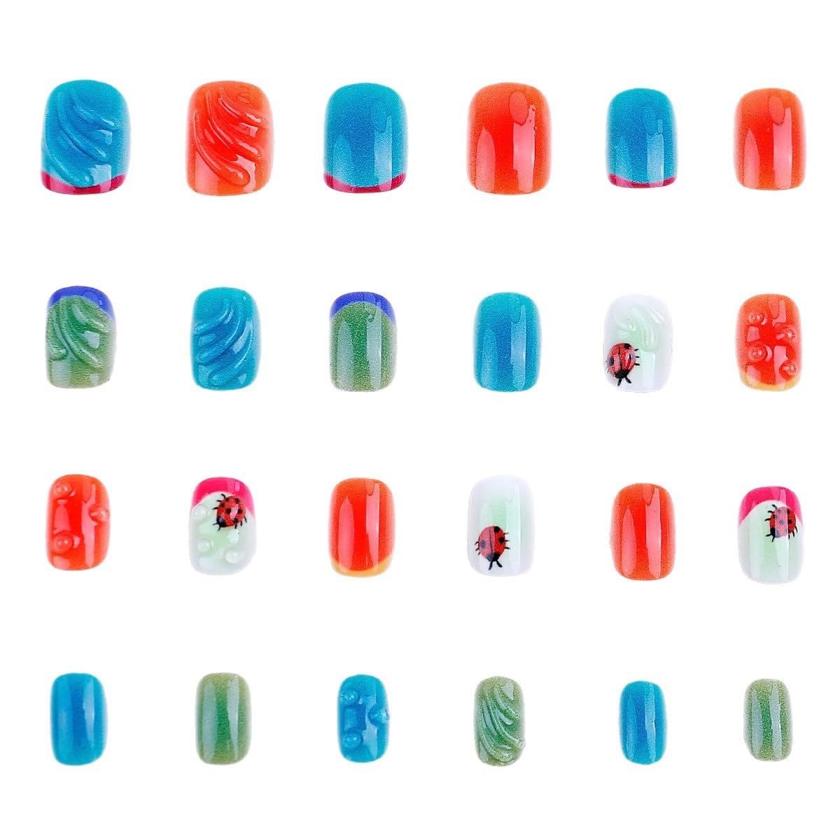 plalely Press on Nails Short Square Colorful Acrylic Fake Nail with 3D Water Drop and Ladybug Designs Short Press on Nails for Women 24pcs