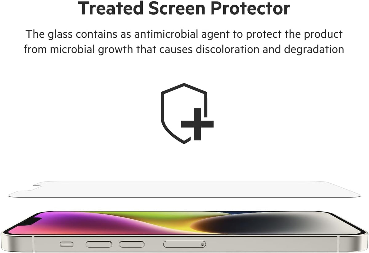 Belkin UltraGlass iPhone 14 Plus, iPhone 13 Pro Max Screen Protector - Easy Application with Installation Guide Tray - Crystal Clear Tempered Glass Screen Protector with AntiMicrobial-Treated Display