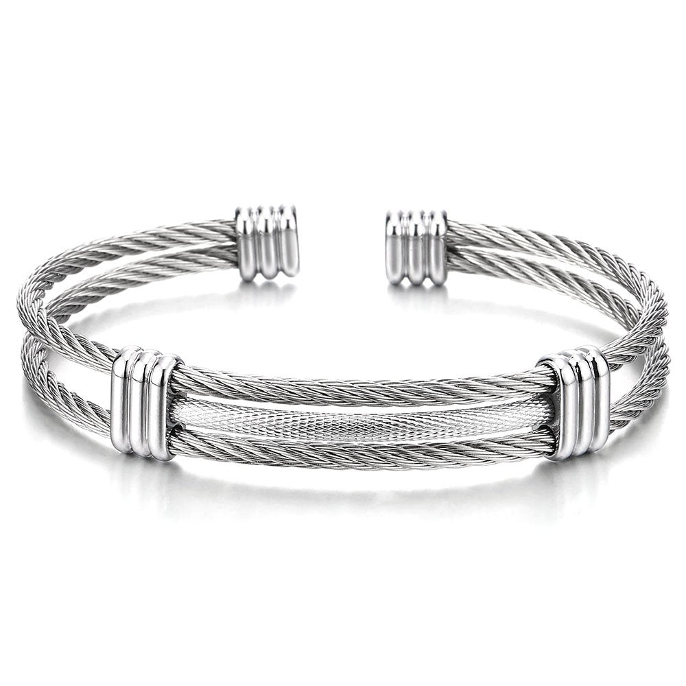 COOLSTEELANDBEYOND Men's Stainless Steel Cable Wire Cuff Bracelet With Twisted Rope Design, Minimalist Open Bangle, Adjutable, Two Strand Wrist Accessory