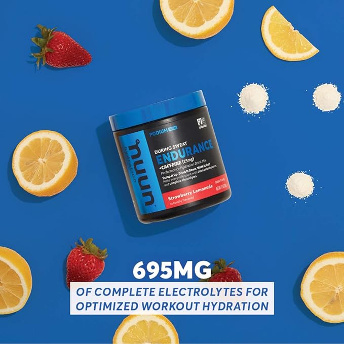 Nuun Hydration Endurance Powder, Strawberry Lemonade + Caffeine, Workout Support, 5 Essential Electrolytes for Hydration + Carbohydrates, Vegan, Non-GMO, (16 Servings - Canister)