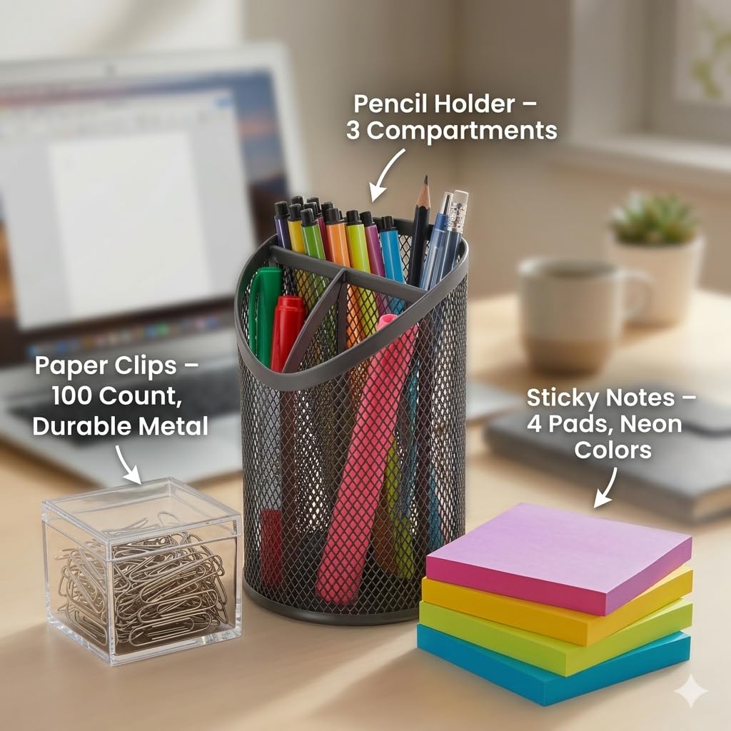 Desk Starter Kit Bundle Metal Mesh Pencil Holder 3 Compartments, Sticky Notes 3x3 in. Neon, Paper Clips 100 Count Student, Office, Home Workspace Organizer Set