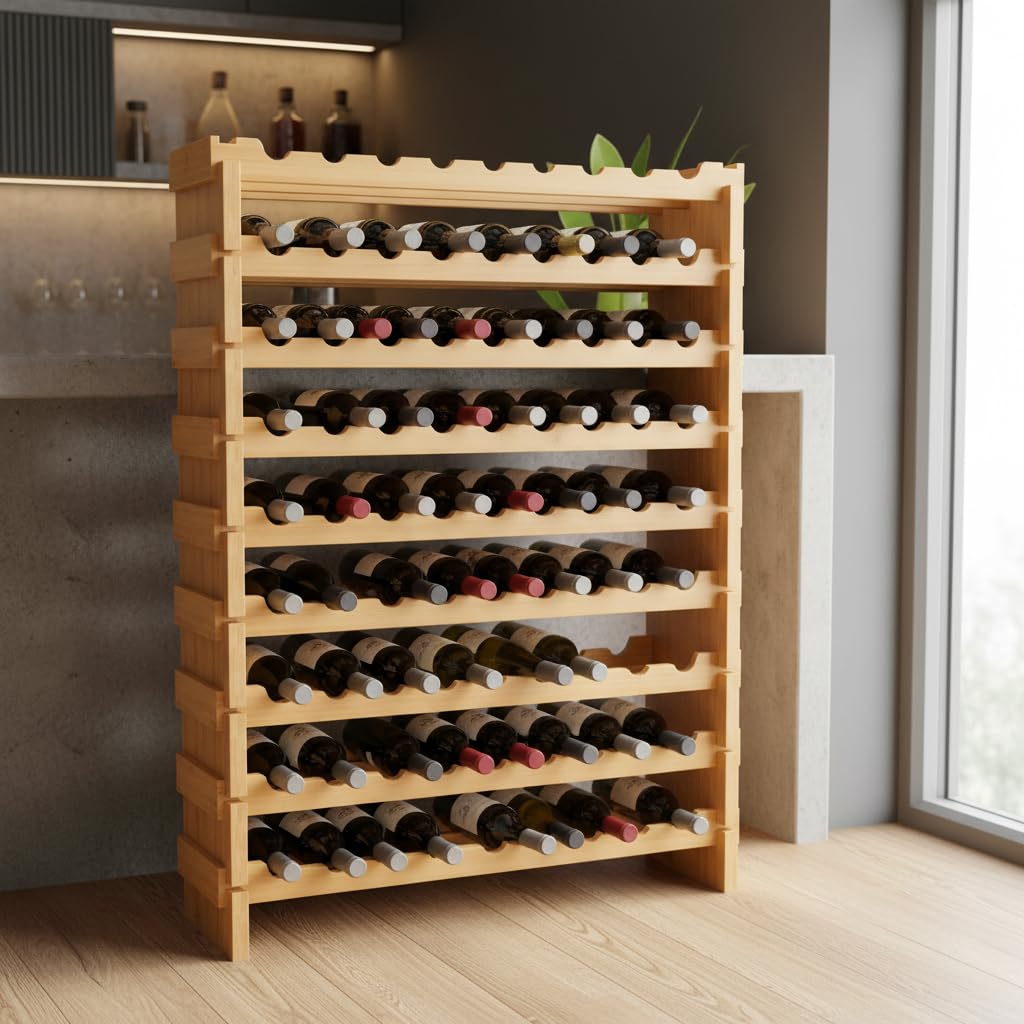 NutriChef 72 Bottle Wine Rack Stackable Bamboo Freestanding, 8-Tier Modular Shelf, Sturdy Wobble Free, Upgraded 2026 Design, Easy No-Tool Assembly for Kitchen, Cellar or Bar Storage 33.5" x 10" x 41"