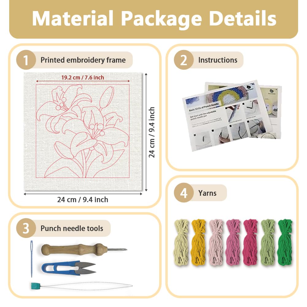 DOODLREAM Colorful Flowers Punch Needle Kit for Beginner, 9.4"x9.4" Lily Floral Punch Stitching Craft Set, DIY Embroidery Starter with Printed Frame, Instruction, Threader, Yarn, Pinch Needle