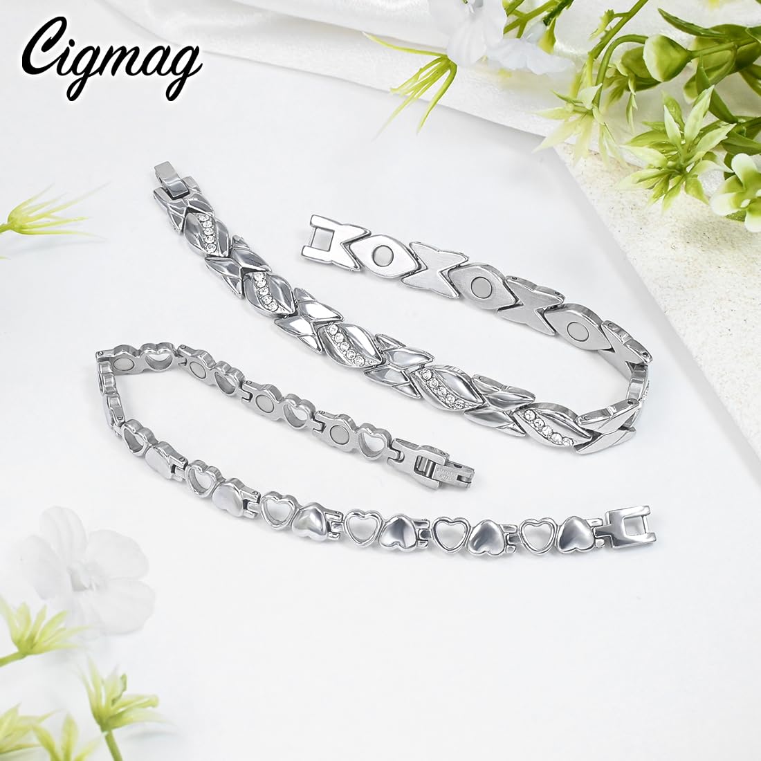 Cigmag 2PCS Magnetic Bracelets for Women Adjustable Titanium Steel Magnetic Bracelet with Strength Magnets Sizing Tool (Crystal & Love)