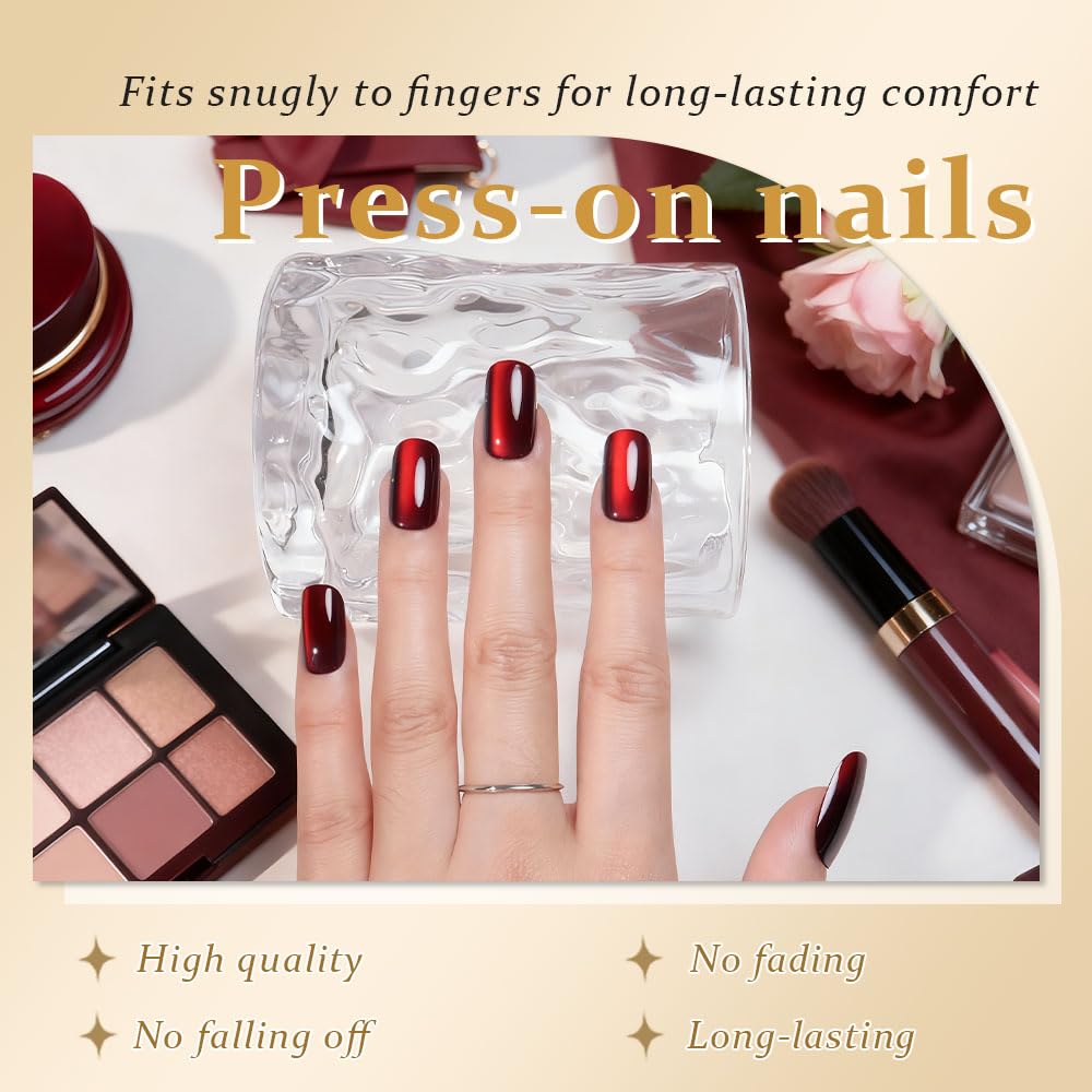 evpct Dark Blood Red Metallic Cat Eye Press on Nails Square Medium, Stick on Nails Medium Length Square for Women, Red Metallic Nail press ons, Iridescent Glitter Halloween Acrylic Fake Press on Nail
