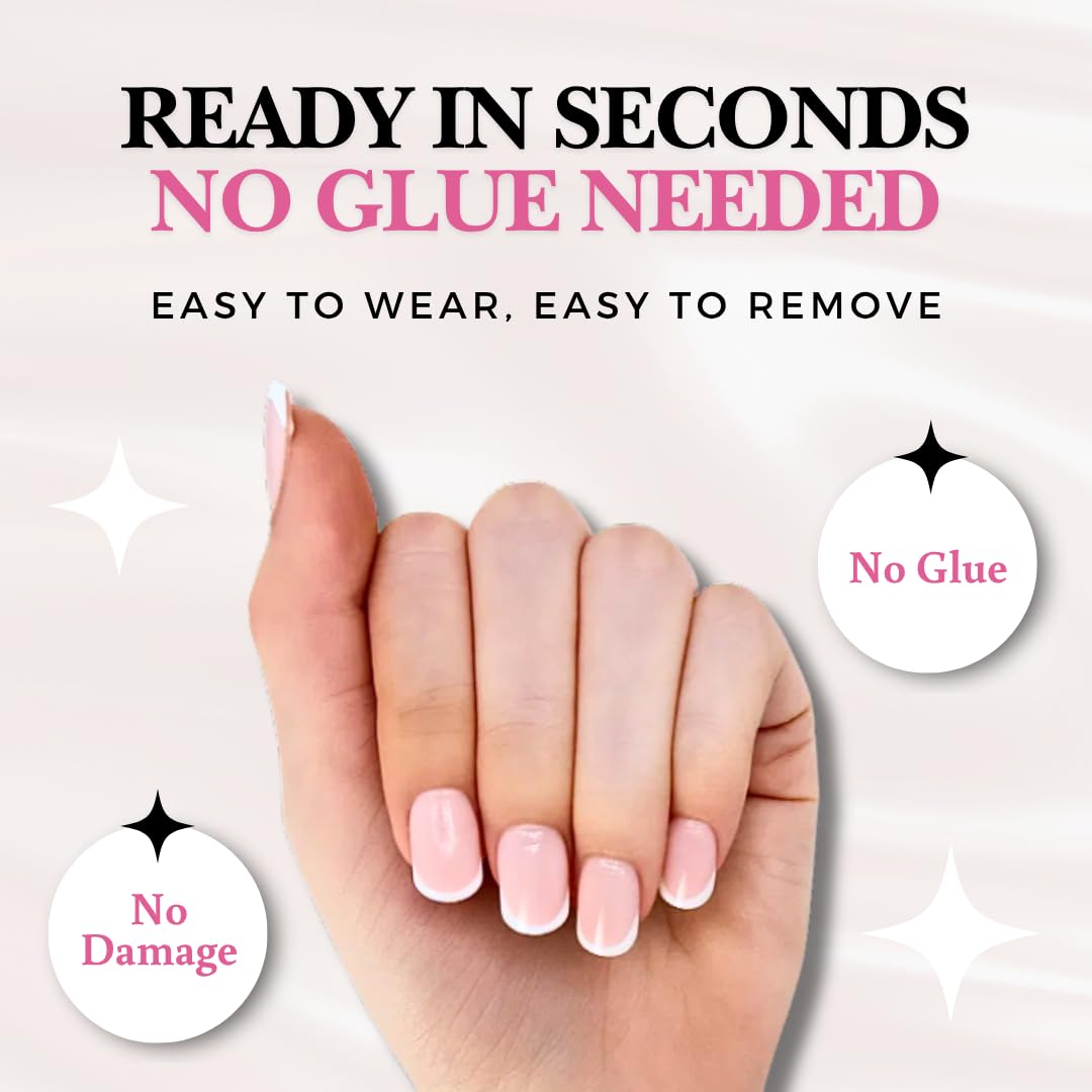 Votrenaeil Press On Nails - Classic Sheer | No Glue Short Squoval Nails with Thin French Tips for Work & Casual - 24 Pcs Nail Kit with Adhesive Tabs
