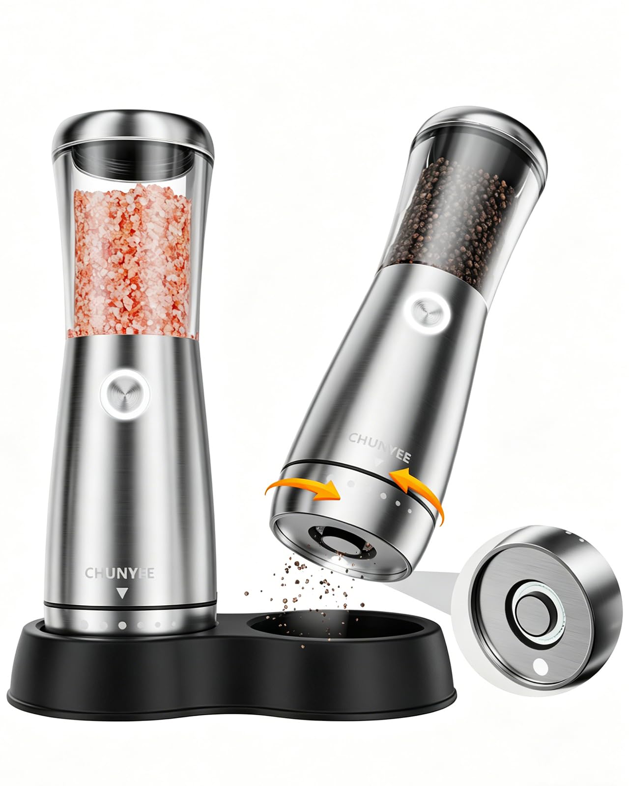 Electric Salt and Pepper Grinder Set - Automatic Stainless Steel Rechargeable Salt and Pepper Grinder Set with Storage Base, Large Capacity, LED Light & Adjustable Coarseness, Ideal Kitchen Gadget