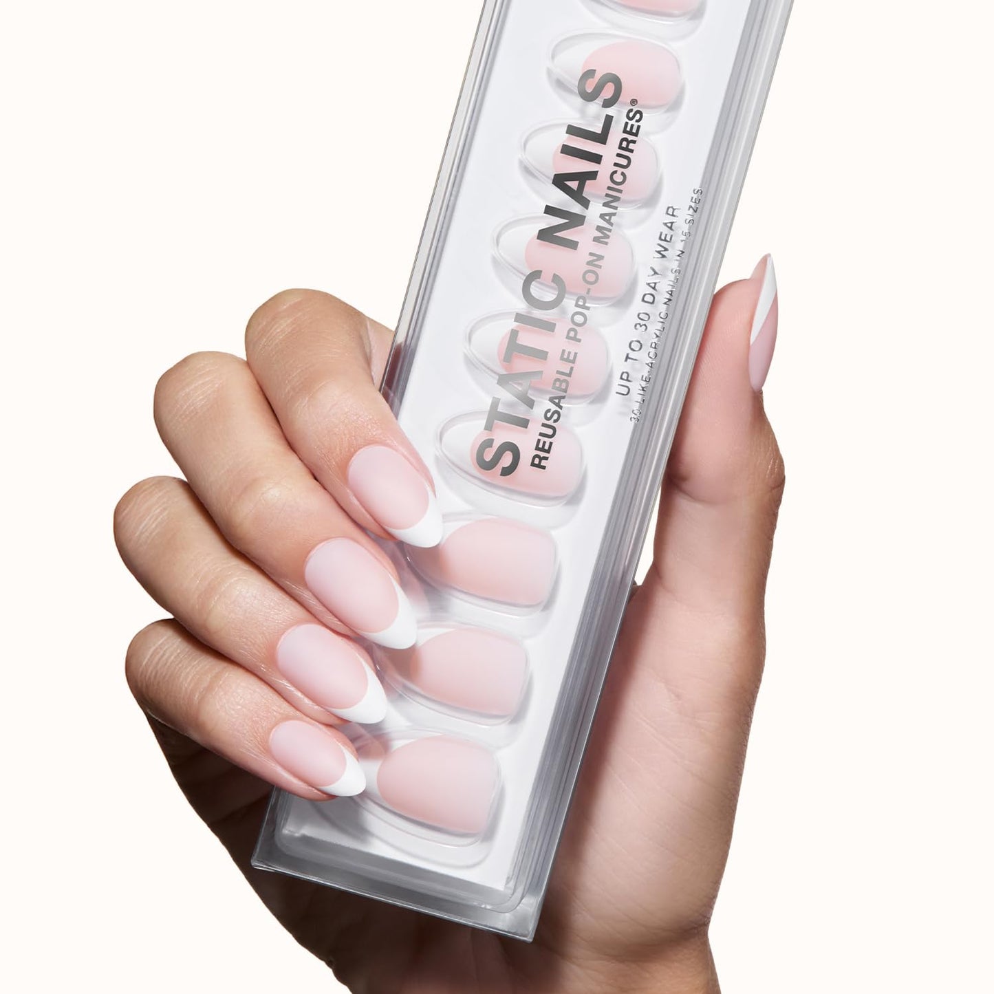 Static Nails Reusable Pop-On Manicure Set - Matte French Almond | Almond Shaped False Nails | Medium Press On Nails | Salon Quality Non-Damaging Acrylic Nails | Fake Nail Kit with Glue