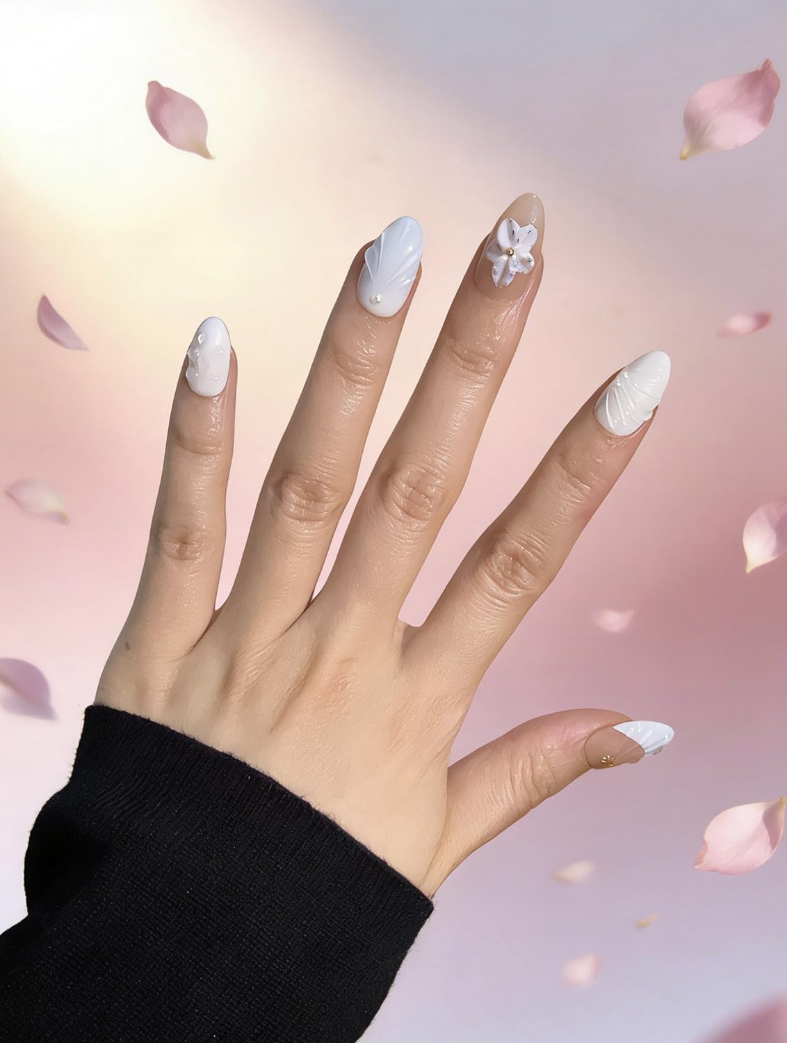 10 Short Almond Handmade Press On Nails | French design with 3D Floral and Seashell | Skip Salon Trips, Easy to Apply & Remove, Reusable (251208, S)