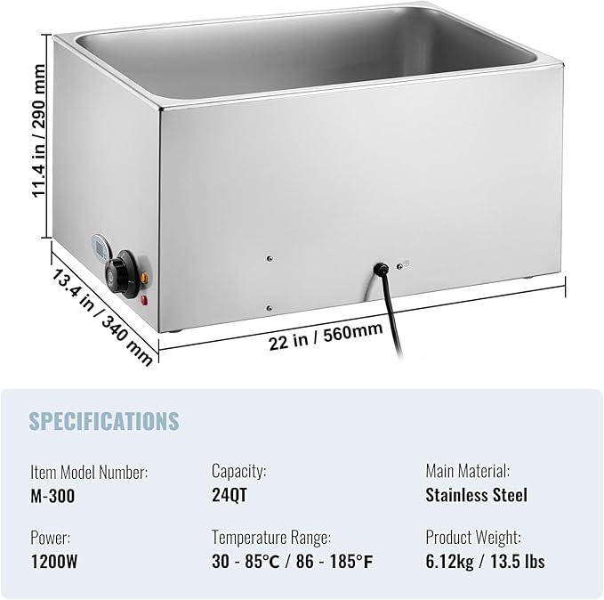 VEVOR Commercial Food Warmer 24QT Bain Marie 1200W Electric Buffet Steam Table - Countertop Stainless Steel for Wet or Dry Use - Parties, Catering and Restaurant