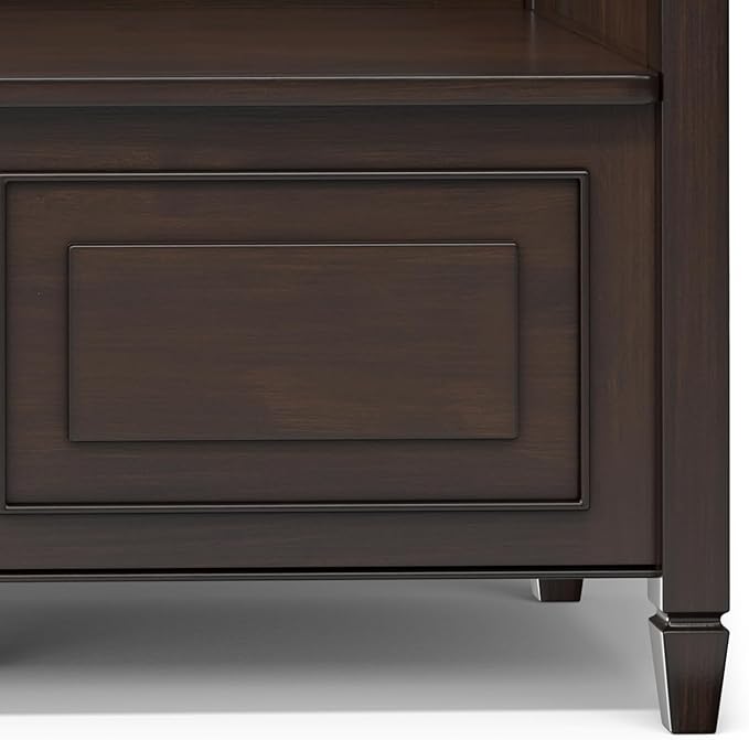 SIMPLIHOME Connaught Entryway Storage Bench - 56 inch Wide Solid Wood Wide Storage Seat in Chestnut Brown, Traditional Bench for Entryway or Living Room with Lift-Up Lid and Paneled Front