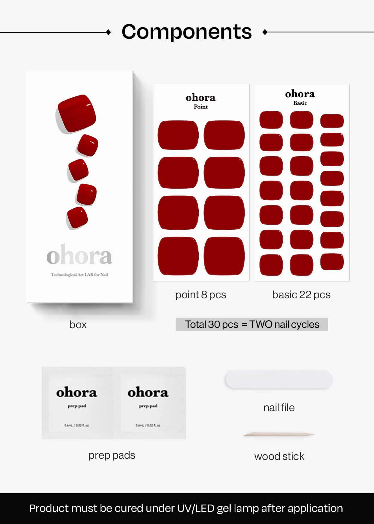 ohora Semi Cured Gel Pedi Strips (P Basic Pedicure no.4) - Red, Solid, Works with Any UV/LED Lamps, Salon-Quality, Long Lasting, Easy to Apply & Remove - Includes 2 Prep Pads, Nail File & Wooden Stick