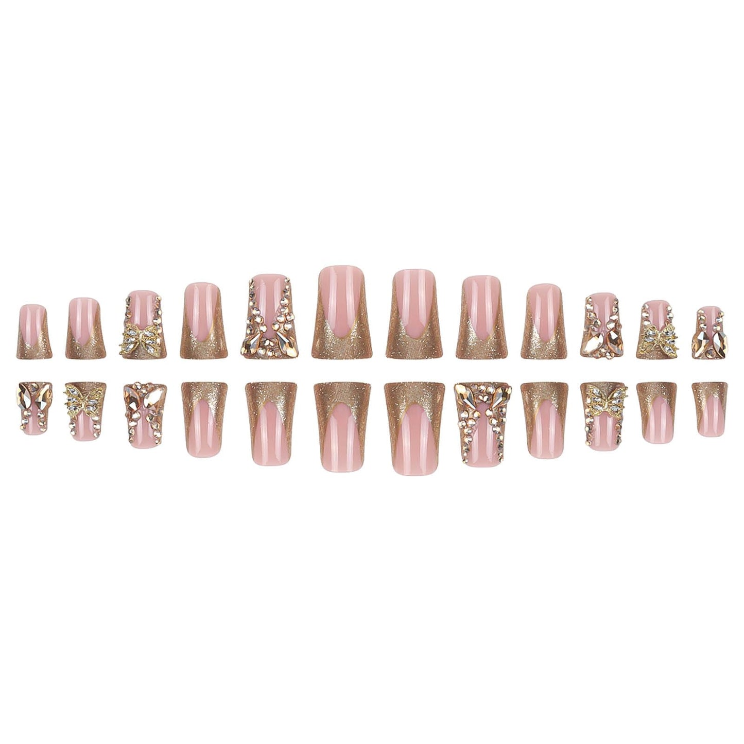 RUOKEXIN Long Press Duck False Nails Gold Glitter French Tip with Gold 3D Butterfly Designs - Glossy Artificial Nails, Cute Stick Ons for Women - 24Pcs