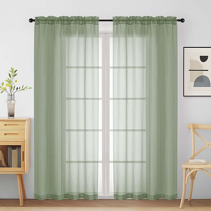 Sage Green Sheer Curtains for Window 72 inches Long 2 Panels Set, Soft Airy Modern Light Filtering Sheer Curtains for Living Room Bedroom, Dual Rod Pocket Solid Window Drapes, 2x42Wx72L inches