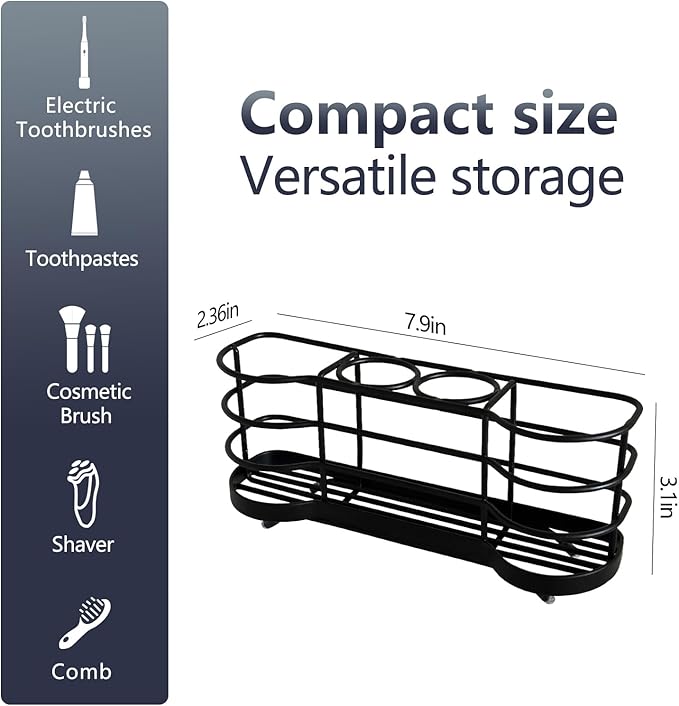 Wall Mount Toothbrush Holder for Shower Stainless Steel Toothbrush Stand, Self-Adhesive Wallmount/Countertop 4 Slots Bathroom Accessories Organizer (Black)