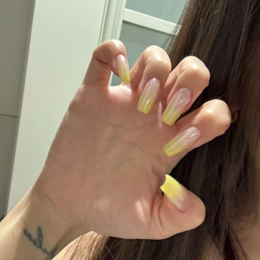 MIXNEX 10Pcs Press On Nails – Medium Long Coffin Mango Yellow Ombre Fake Nails for Petite Hands – Handmade Glossy Stick On Nail Tips with Storage Box & 5-in-1 Manicure Kit (Mango Yellow, Medium)