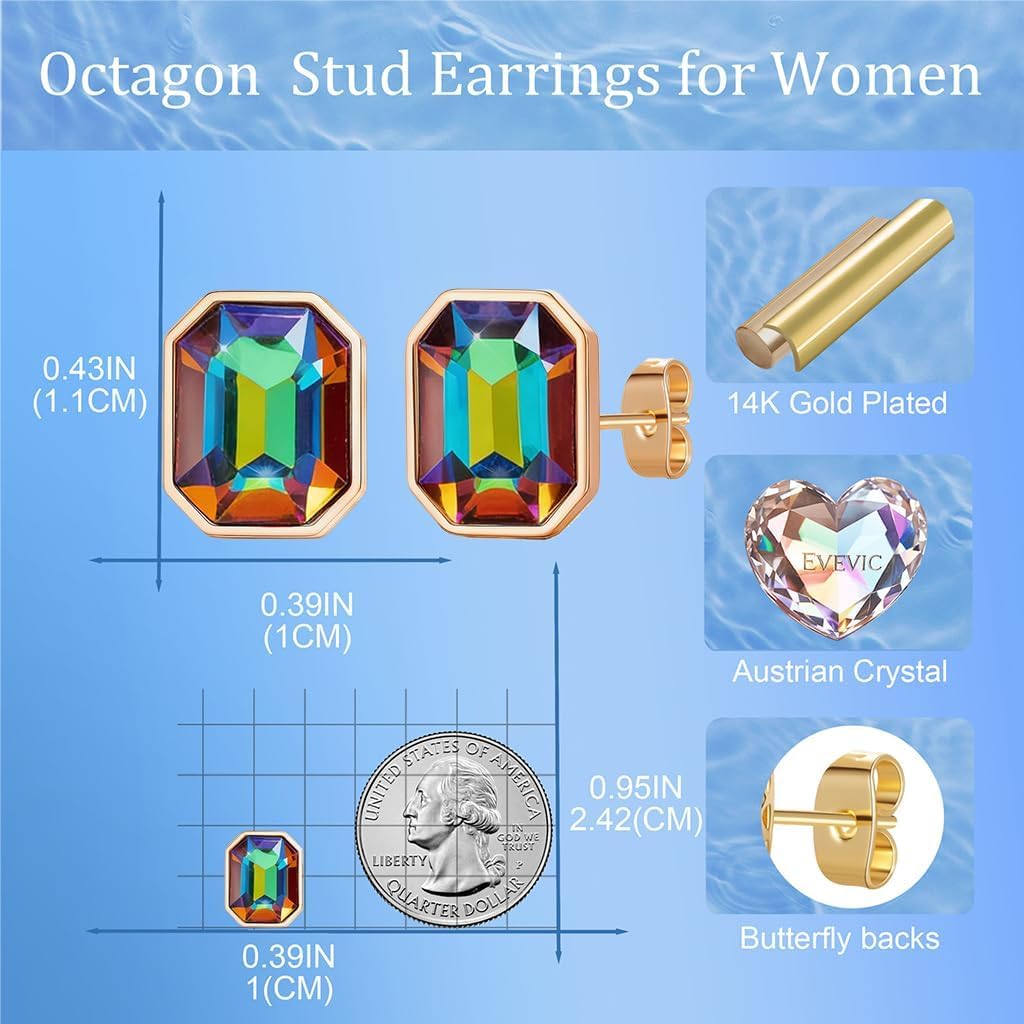 Austrian Crystal Octagon Stud Earrings for Women Fashion 925 Sterling Silver Post Hypoallergenic Jewelry (Vitrail Medium)