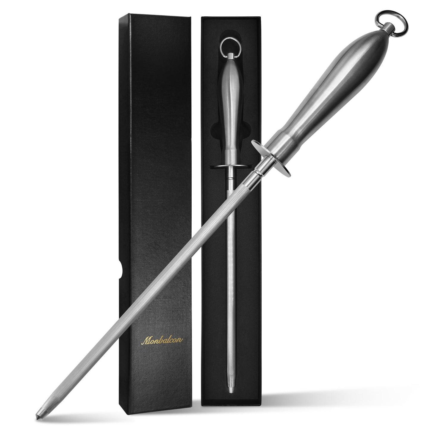 Monbalcon Honing Rod 10'', German High Carbon Steel Knife Sharpener Rod with Premium Gift Box, Professional Fine Sharpening Stone Kitchen Knife Whetstone with Stainless Steel Handle, 10 inch