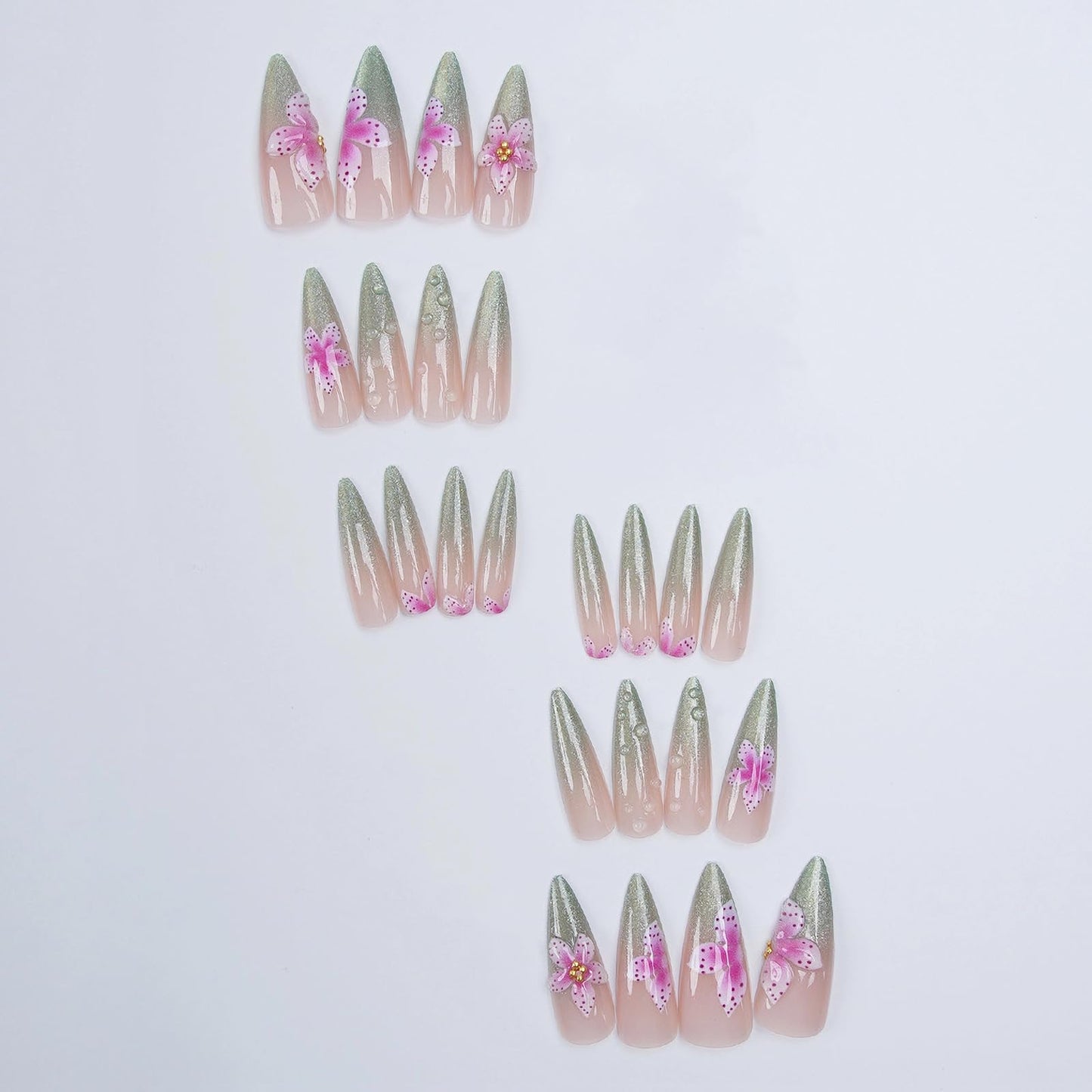 MISUD Press on Nails - Long Stiletto Fake Nails with Green Cat Eye, Acrylic Handmade Pink Flower Design 24 pcs