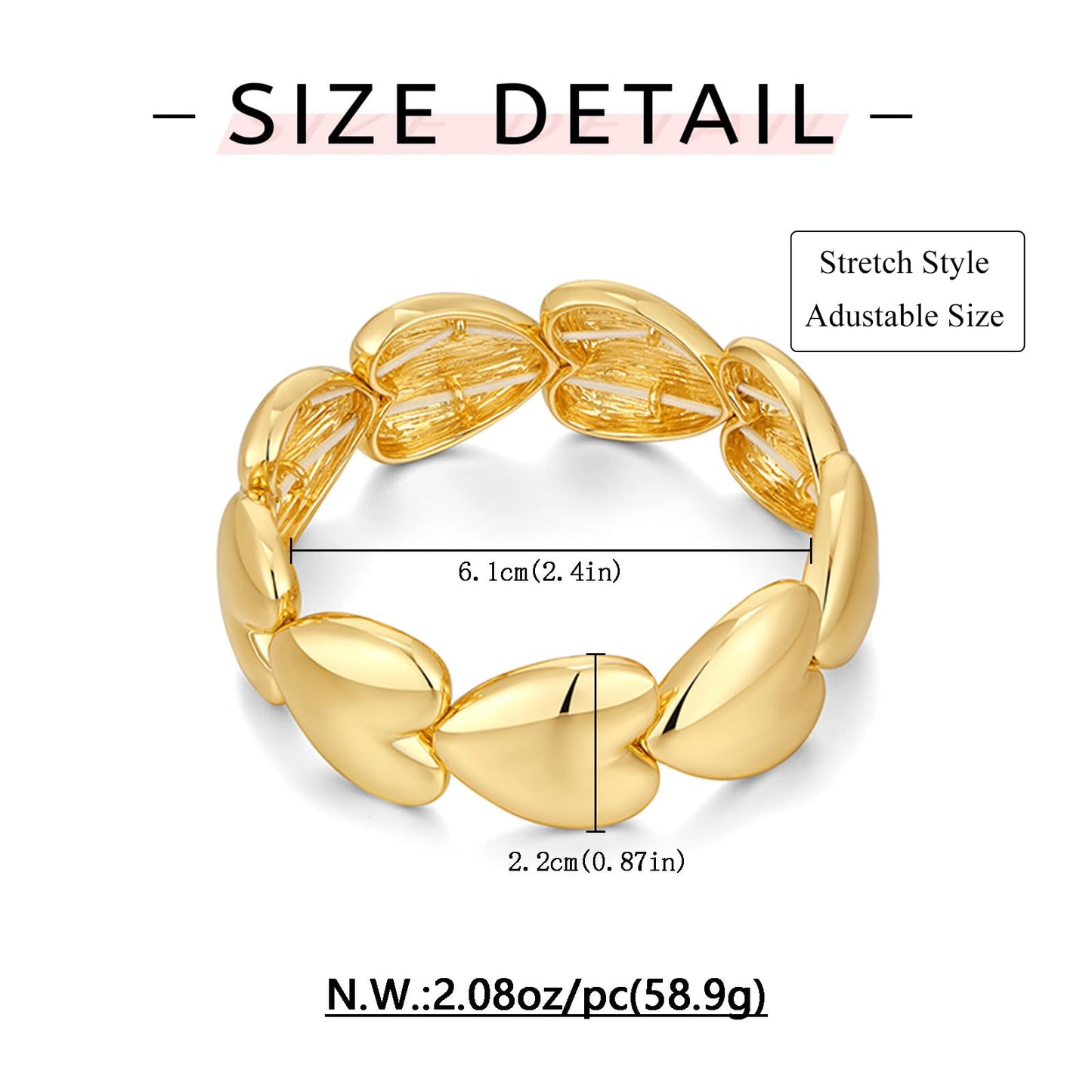 WOWORAMA Gold Heart Bangle Bracelet for Women Love Heart Stretch Bangles Thick Chunky Heart Bracelet Adjustable Statement Gold Bracelet