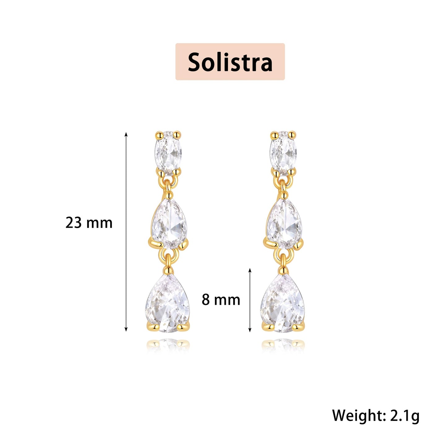 Solistra 14K Gold Plated Cubic Zirconia Drop Dangle Earrings for Women, Trendy, Hypoallergenic, Wedding, Valentine's Day Gifts