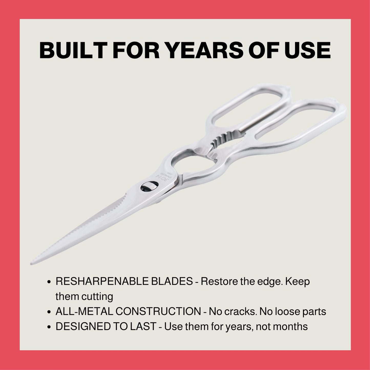 Heavy Duty Kitchen Scissors for Food — All Purpose Cooking Scissors, All Stainless Steel, No Plastic, Come-Apart Blades for Easy Cleaning, Dishwasher Safe, 5-in-1 Multi-Tool