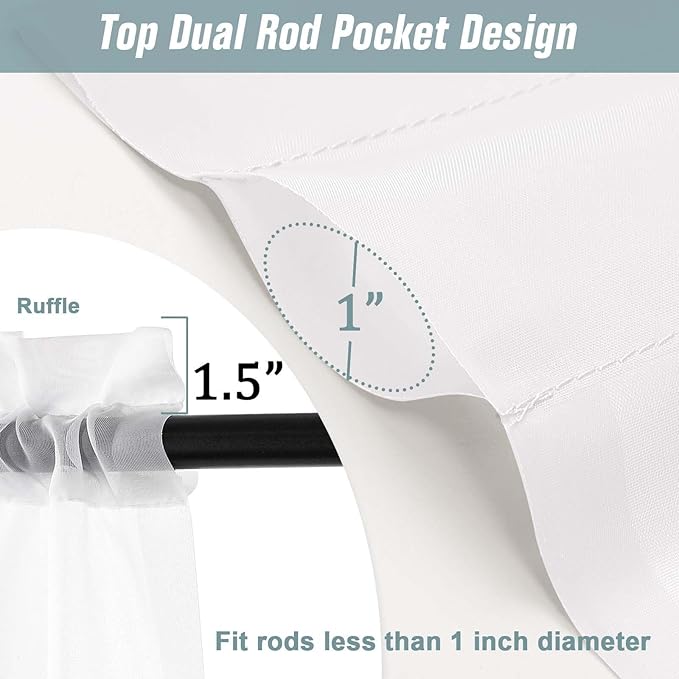 White Small Sheer Curtains 2 Panels Set, Kitchen Curtains 24 Inch Length, Elegant Light Filtering Short Window Drapes for Living Room Bedroom, Dual Rod Pocket Design, 2x42Wx24L Inches