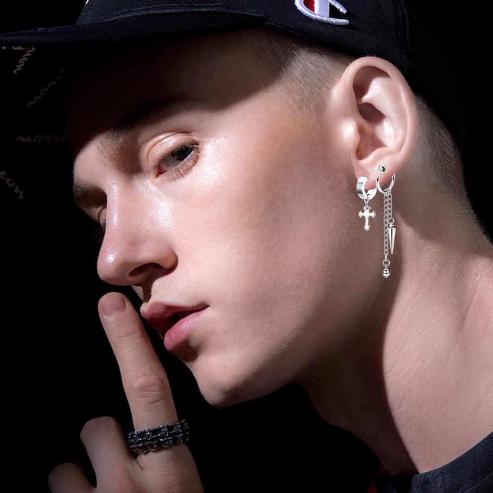 14 Pcs Silver Punk Stainless Steel Fake Piercing Spike Rivet Cross Triangle Dangle Tassel Clip on Hoop Earrings Set for Women Men, Non Pierced Fake Stud Earrings (Silver-Set A)