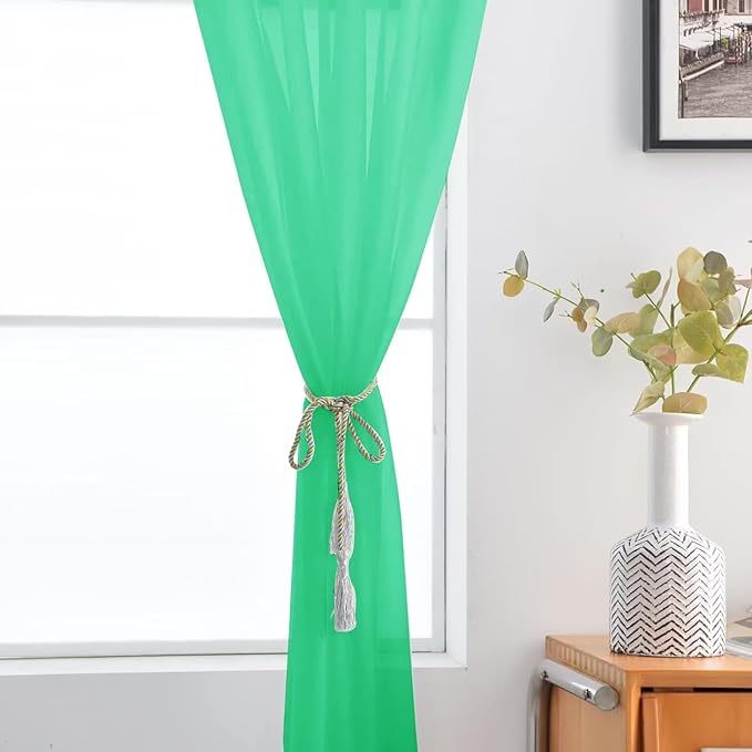 SpaceDresser Basic Rod Pocket Sheer Voile Window Curtain Panels Grass Green 1 Pair 2 Panels 52 Width 90 Inch Long for Kitchen Bedroom Children Living Room Yard（Grass Green, 52W x 90L）