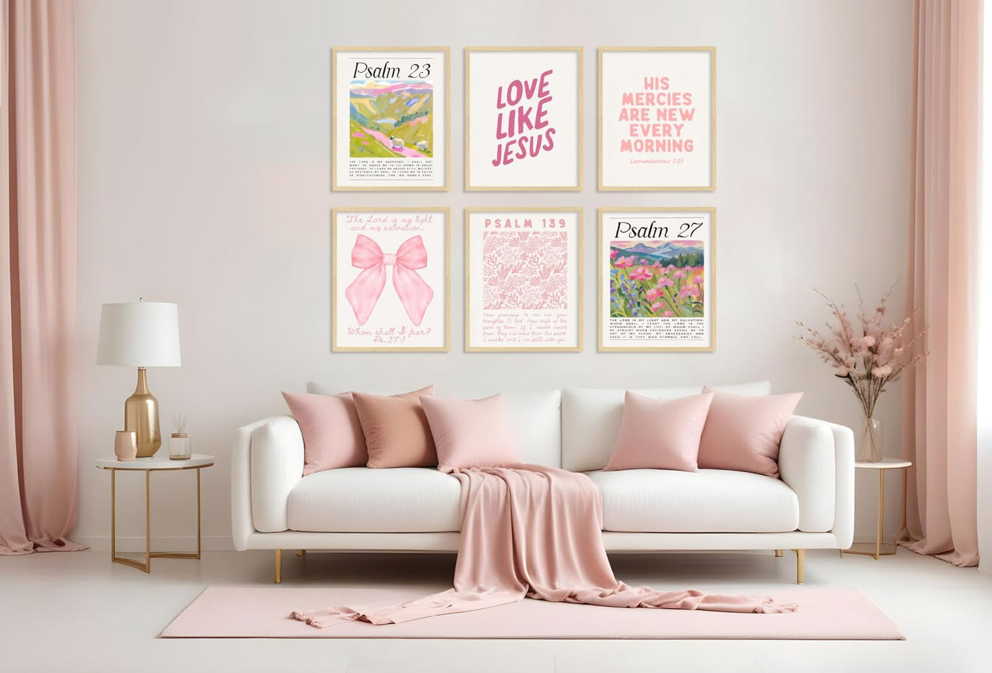 Pink Christian Posters Wall Art Set of 6 Bible Verse Canvas Wall Decor Religious Pictures Prints Scripture Bundle Bow Artwork Girls Room Trendy Preppy Painting Home Decoration 8x10 Inch Unframed