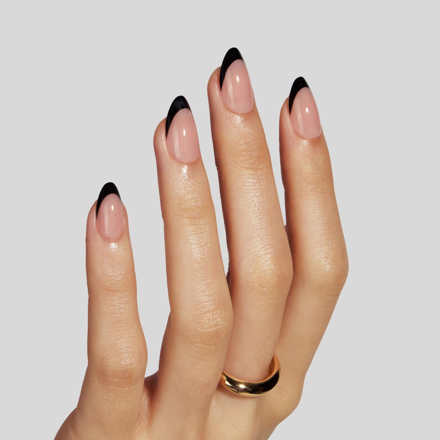LAMIMOSA 32Pcs Black French Tip Press on Nails Short Almond - Soft Gel Fake Nails in 16 Sizes, Reusable Semi-Transparent Glue on Nails Kit, BLACK FRENCH