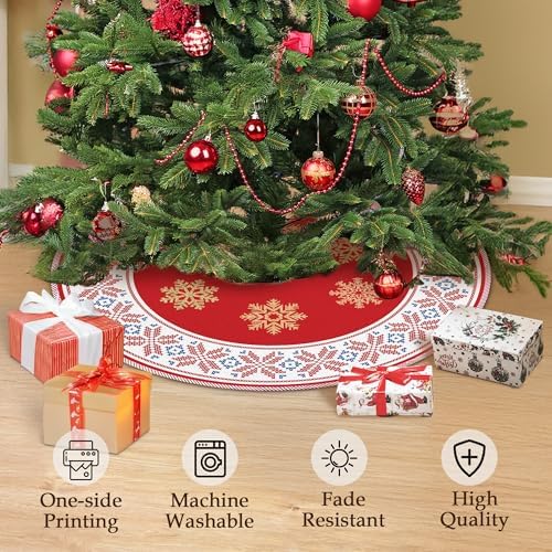 Red Christmas Tree Skirt 36 Inch, Red Christmas Decorations, Winter Xmas Snowflake Reindeer Tree Skirt for Home Xmas Party Winter Holiday Decor