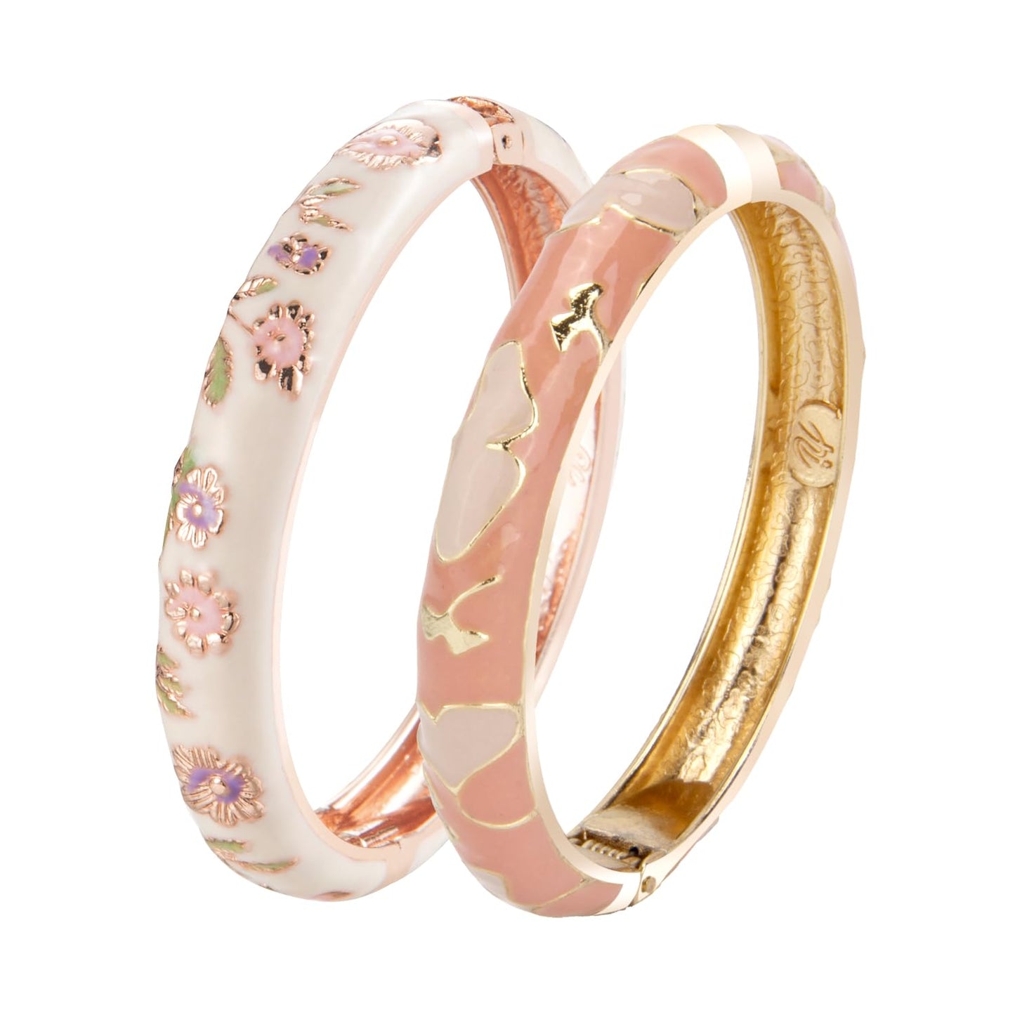 UJOY Elegant Bracelet Plated Enameled Jewelry Spring Hinge Metal Cuff Flower Heart Cloisonne Bangles Set Gift Box Packed 55A18-55A45 Cream Pink