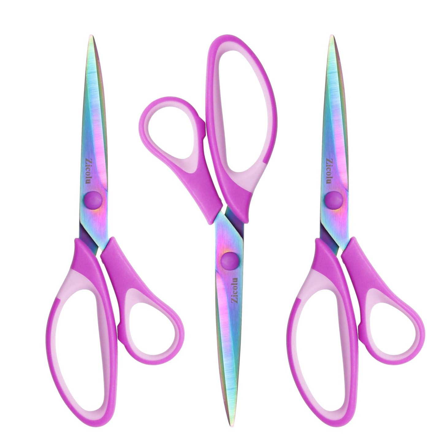 Zicolu 8.5" Scissors All Purpose, Multipurpose Office Scissors Set of 3 Pack, Titanium Coating Sharp Blade, Soft Comfort-Grip, Ideal for Fabric, School, Home, Craft & Sewing, Right/Left Handed, Purple