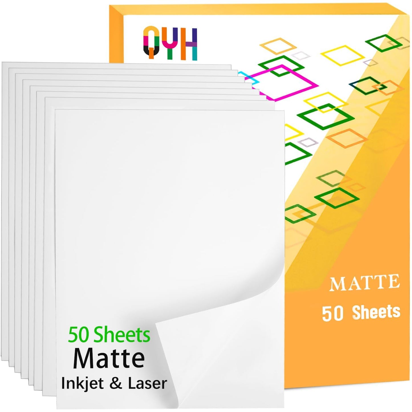 QYH Printable Vinyl Sticker Paper for Inkjet & Laser Printer - Matte White Waterproof, 50 Sheets Vivid Colors, Compatible with Cricut, Silhouette, Ideal for Small Business & DIY- 8.5"x11"