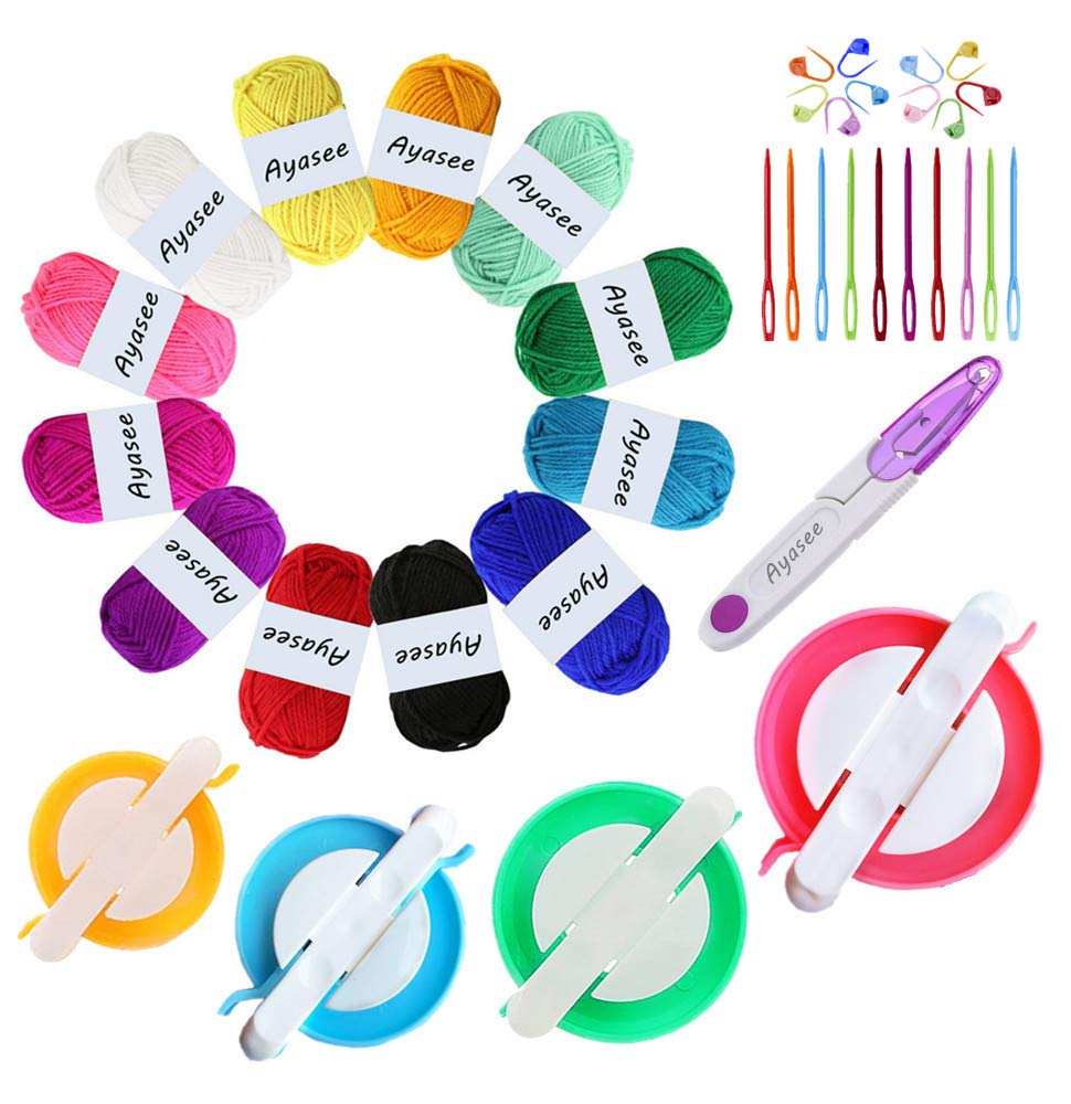 Ayasee Pom pom Maker Yarn kit, 4PS Pompom Maker+12PS Acrylic Yarn+10PS Knitting Stitch Markers+10PS Plastic Needles+1PS Scissors(37c)