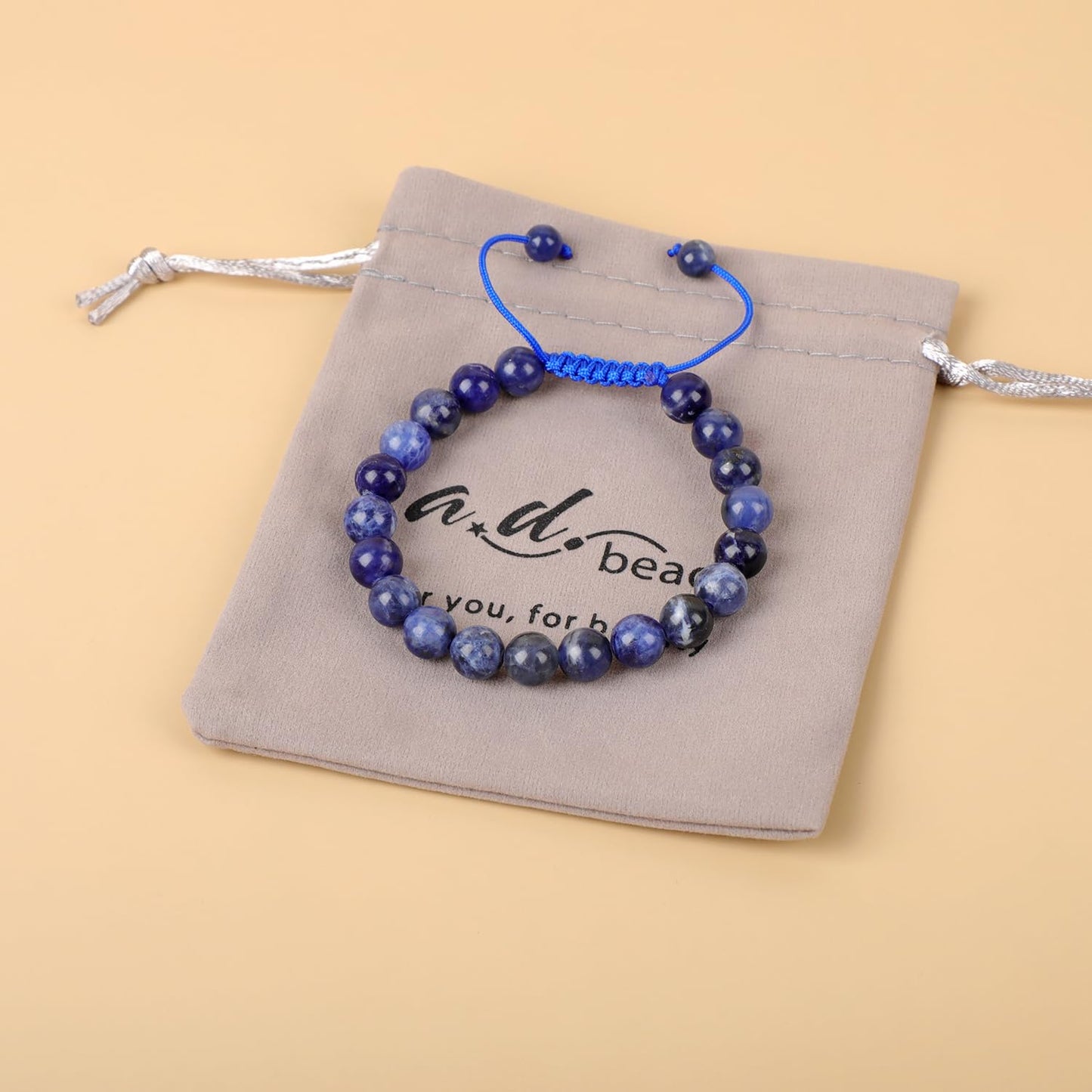 AD Beads Natural 8mm Gemstone Bracelets Healing Power Crystal Macrame Adjustable 7-9 Inch (Sodalite)