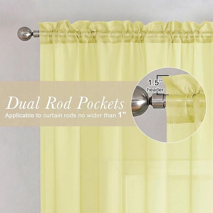 Lecloud Goose Yellow Sheer Curtains 72 Inches Long 2 Panels, Rod Pocket Light Filtering Curtains for Living Room Bedroom Dining Room, Voile Farmhouse Drapes for Windows, Each Panel 42" W x 72" L