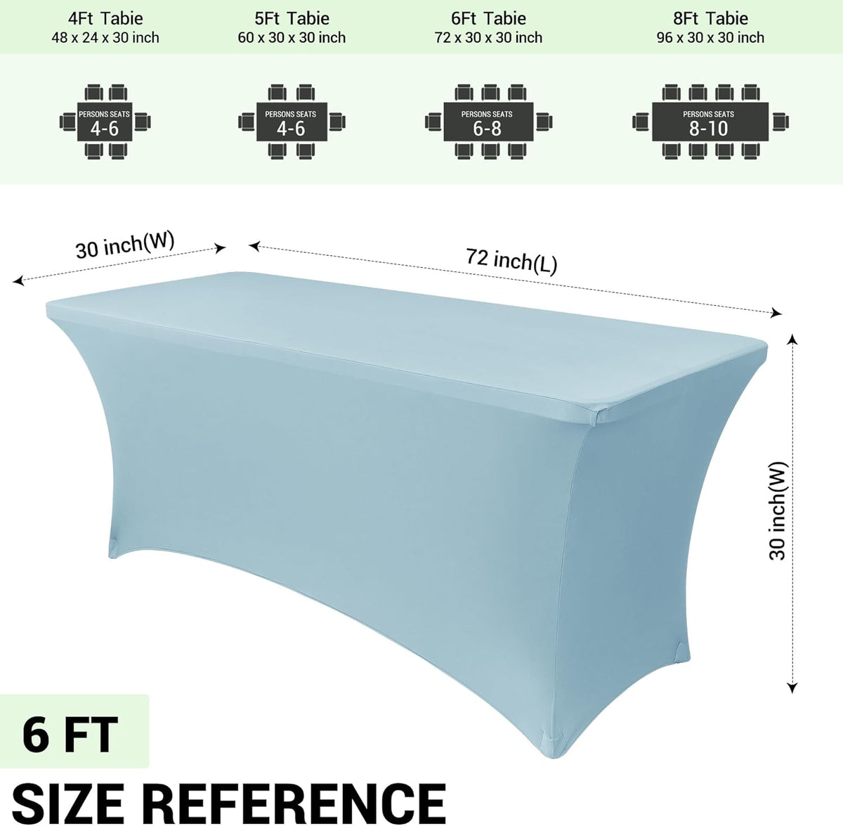 Obstal 6Ft Stretch Spandex Table Cover for Standard Folding Tables - 2 Pack Universal Rectangular Fitted Tablecloth for Party, Banquet, Events, Trade Show (Dusty Blue, 72L x 30W x 30H Inches)