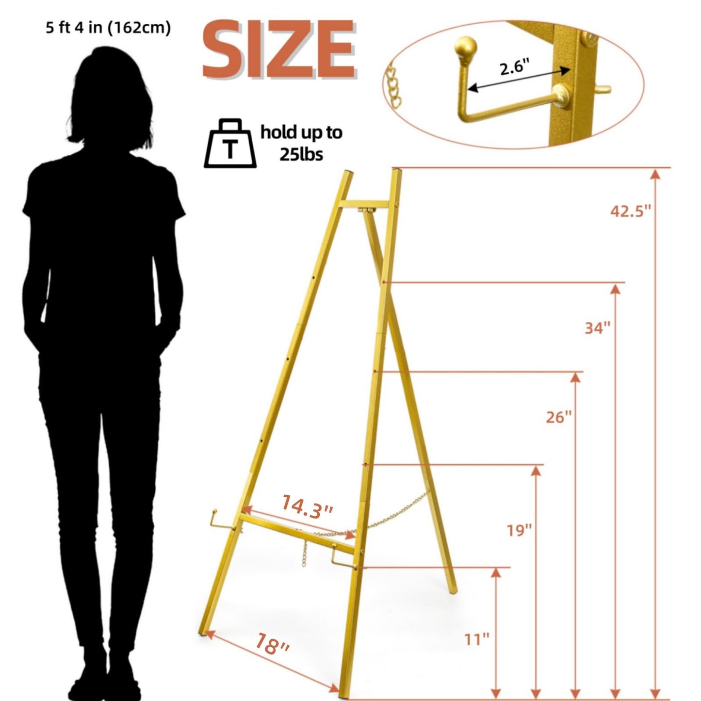 WRINGKIT Gold Easel Stand for Sign, Heavy Duty Metal Adjustable Display Stand with 4 Tier, 44'' Height Large Floor Standing Easel for Painting, Poster, Mirror, Art, Welcome Wedding Signs