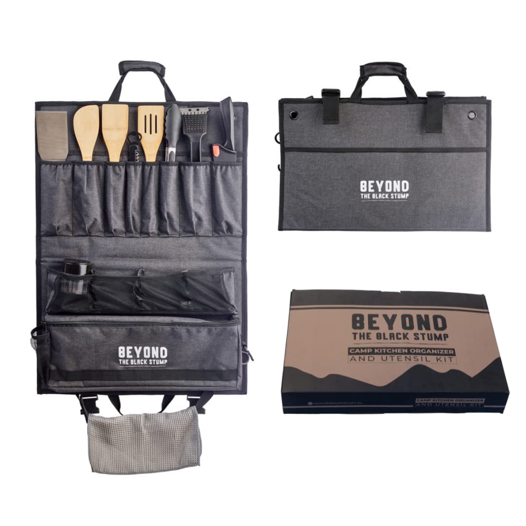 Beyond the Black Stump Camp Kitchen Organizer and Utensil Kit - Set of 14 - Travel Organizer - Grill Accessories - Portable Camping Gear
