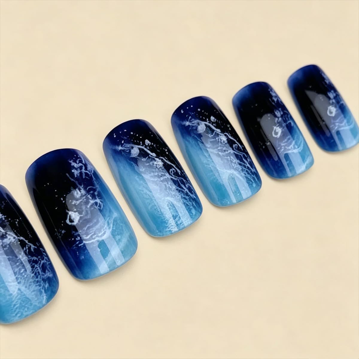 Summer Press on Nails Medium Square Fake Nails Ocean Beach False Nails Blue Gradient Acrylic Nails Reusable Full Cover Glue on Nails for Women Manicure Nail Decoration 24Pcs