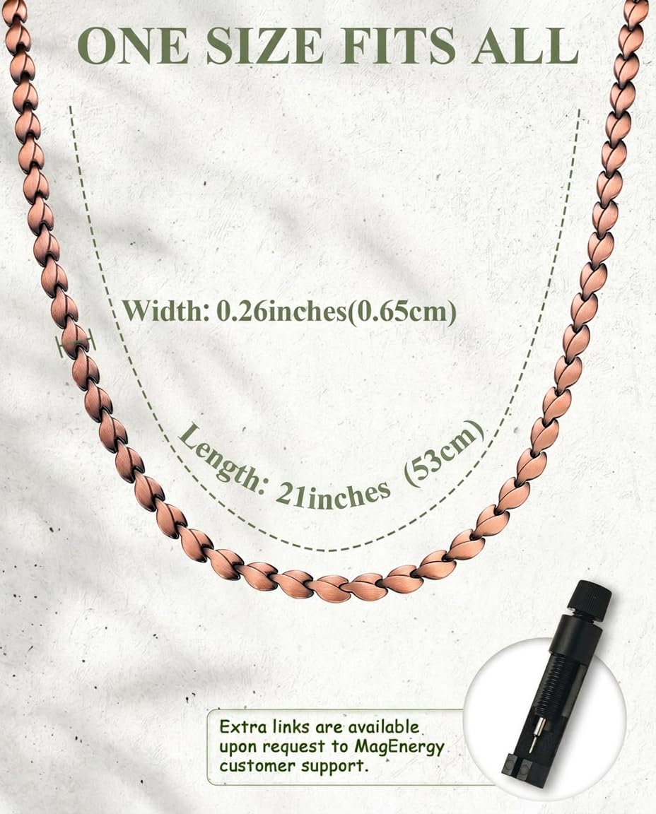 MagEnergy Copper Necklace for Men Women, Magnetic Necklace with 3500 Gauss Ultra Strength Neodymium Magnets, Adjustable Magnetic Jewelry with Sizing Tool (Copper-Leaf)