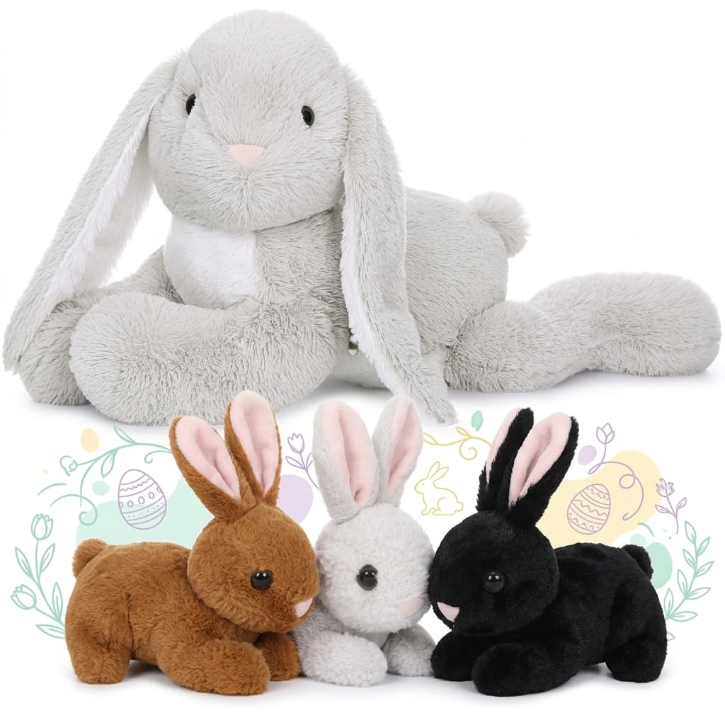 MaoGoLan 4Pcs Large Bunny Stuffed Animal with 3 Babies Inside, 24" Giant Easter Bunny Plush Toys, Soft and Cuddly Gray Stuffed Rabbit Gift for Kids,Girls,Boys,Teens