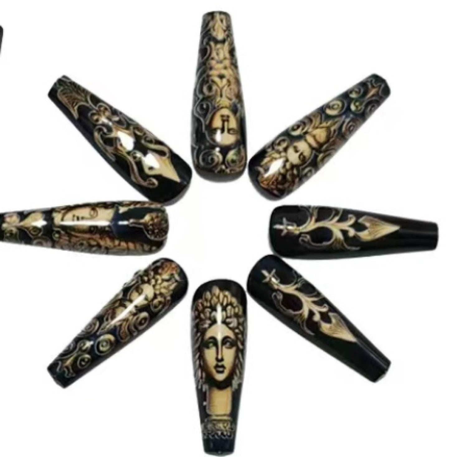 Chunmeng 24PCS Acrylic False Nails, Medium Length With Retro God & Armor Pattern, Glossy Press on Nails Set for Women's Nail Art Decoration Lasting Shine False