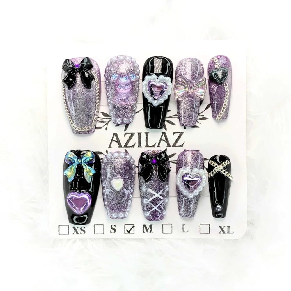 AZILAZ Gothic Lolita Press On Nails, Purple and Black Medium Coffin Shape, Handmade Nail Set, 10-Piece (Small)