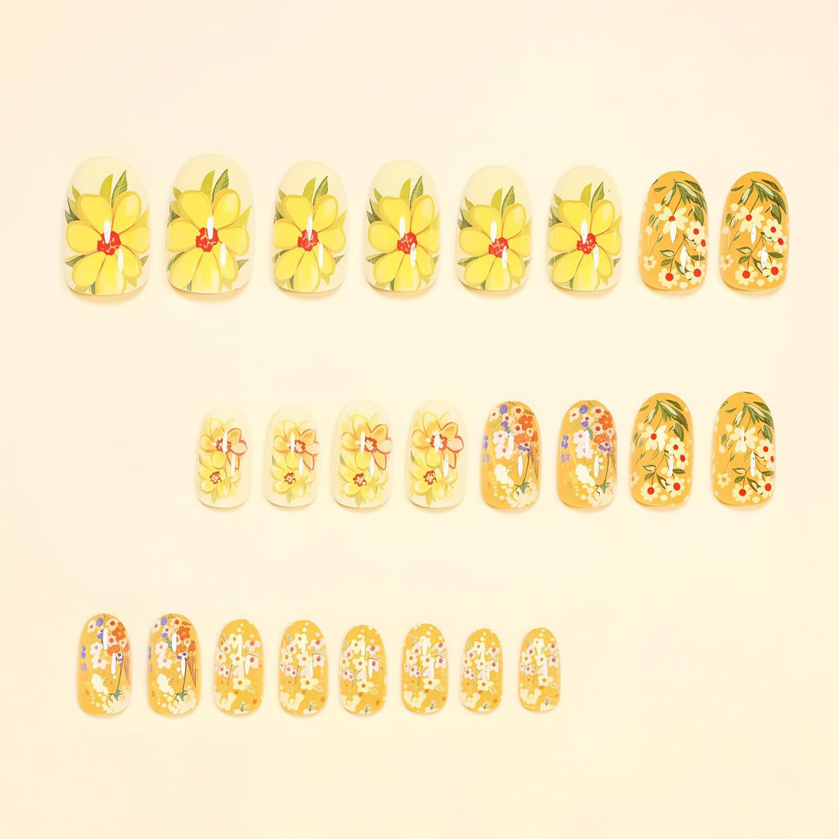 Short Press on Nails Oval - Yellow with Flower Design, Oil Painting Style Full Cover Glossy Fake Nails 24PCS for Women Manicure